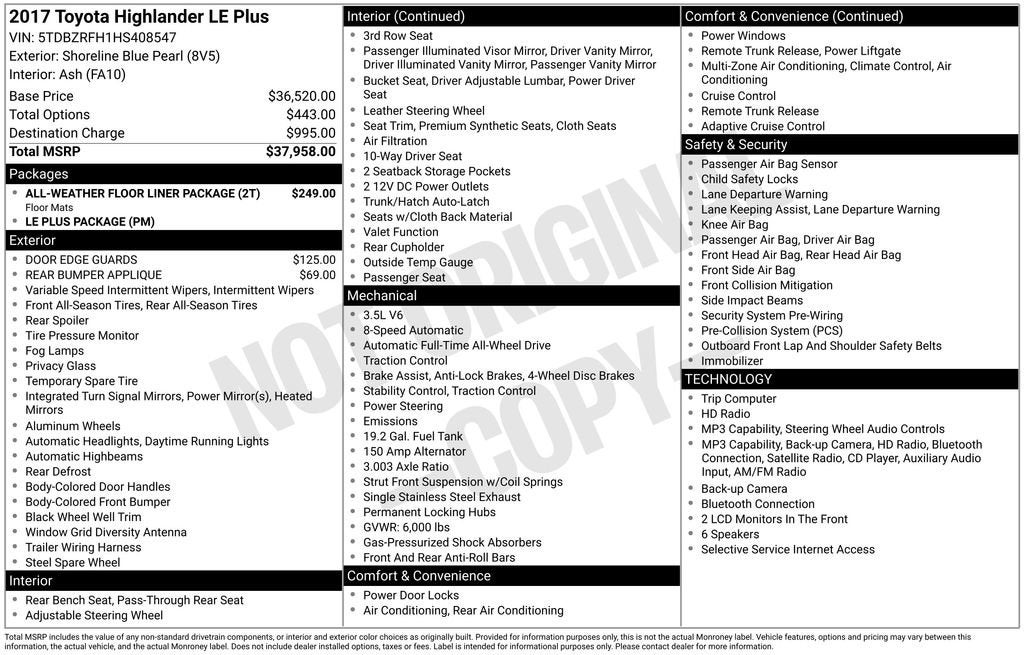 2017 Toyota Highlander LE Plus